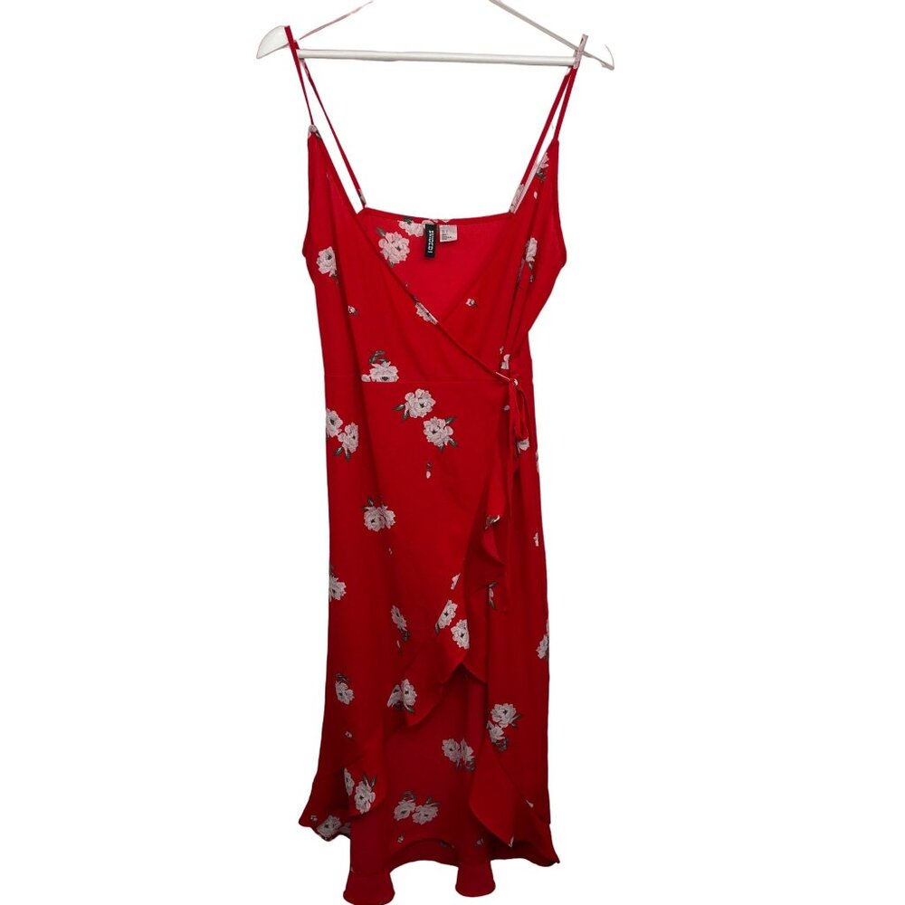 H and M Dress Women 6 Sundress Red White Sleeveless Floral Ruffle Boho High Low